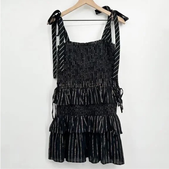 House of harlow 1960 - MD black and gold ruffle mini dress w/tie straps-holiday - Picture 2 of 15